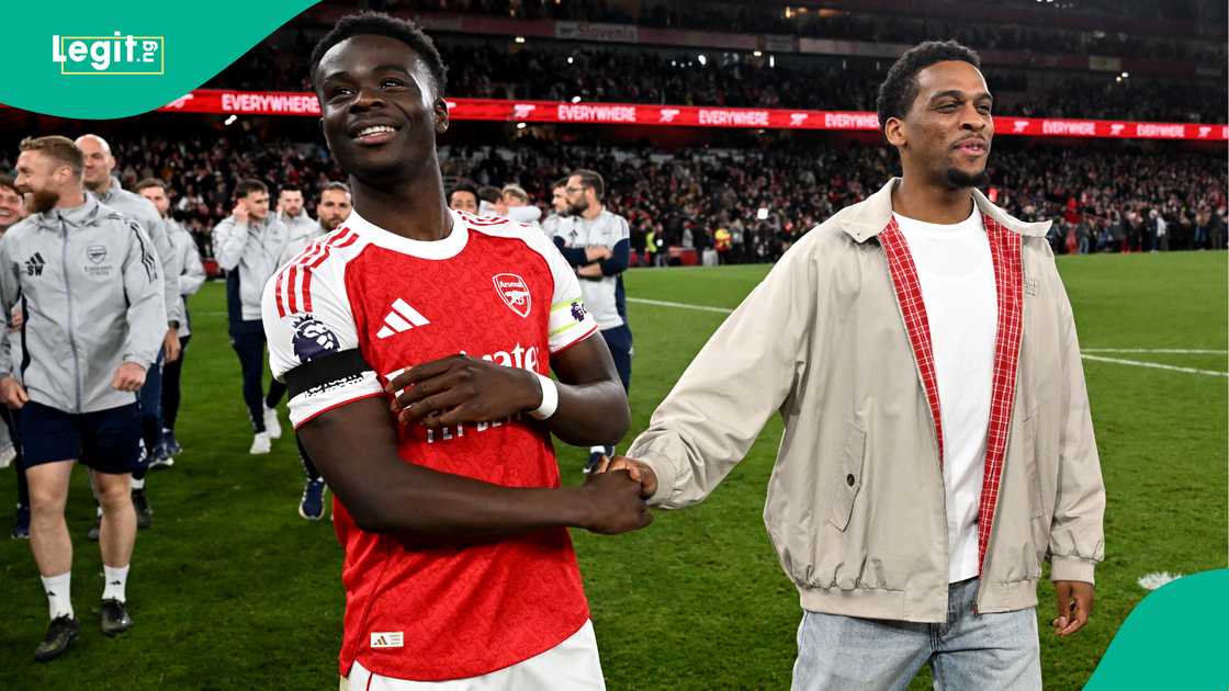Bukayo Saka, Jurrien Timber, Arsenal, Emirates Stadium, London. Bukayo Saka, Jurrien Timber, Arsenal, Emirates Stadium, London.