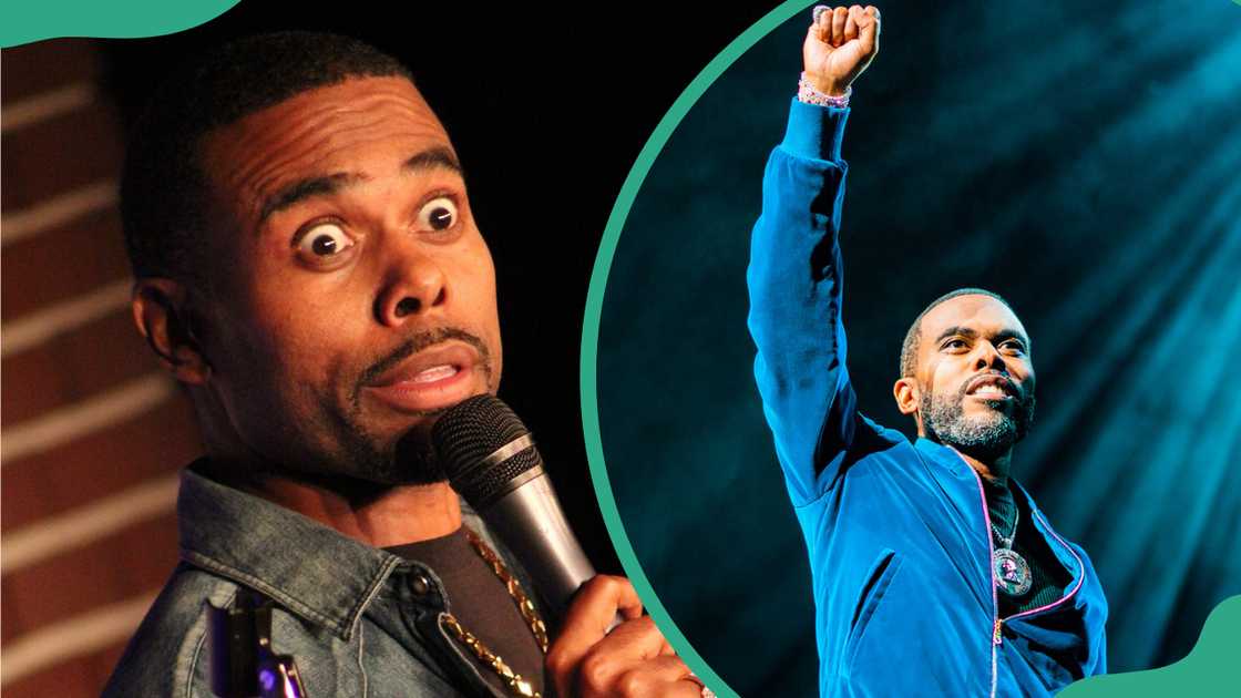 Lil Duval performing stand-up comedy (L). The TV personality raising his fist in the air during a live performance (R)