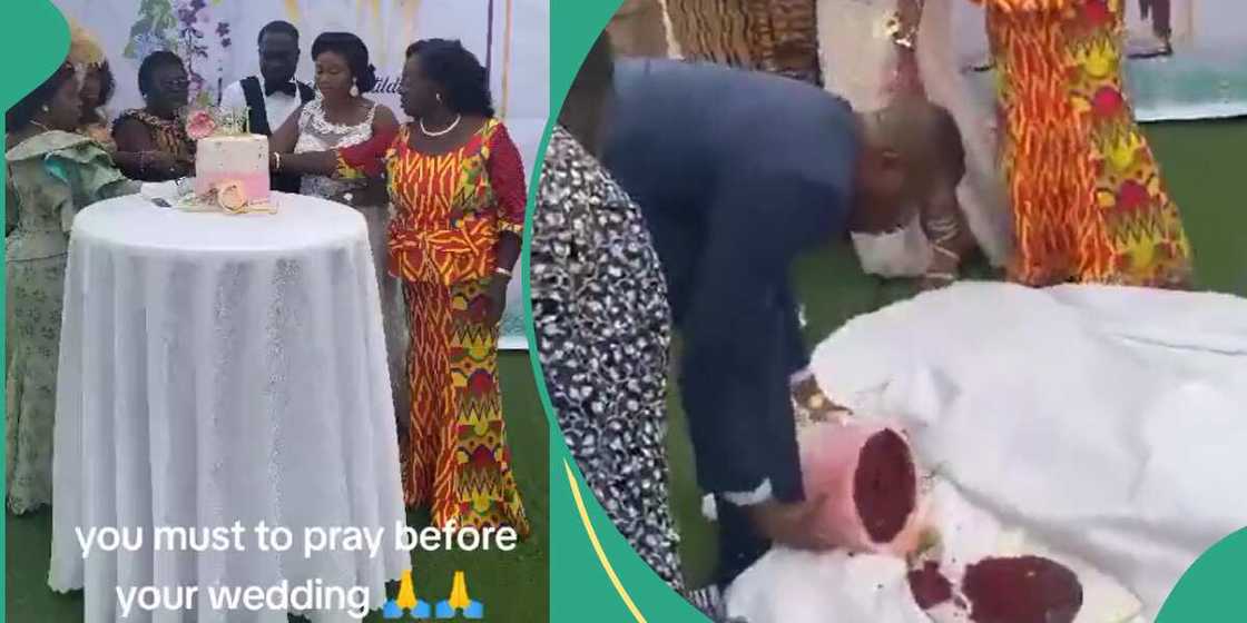 The moment a wedding cake fell and got damaged. The moment a wedding cake fell and got damaged.