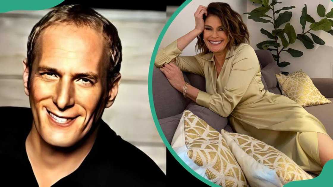 Teri Hatcher's ex-husband posing for a photo (L). Teri Hatcher on a couch in Universal Studios in Hollywood (R)