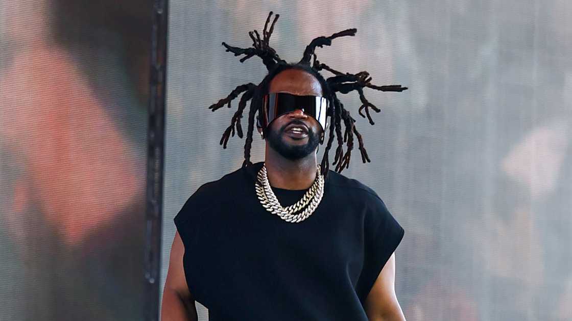 Juicy J of Three 6 Mafia walks on stage during a performance at the Sahara Tent during the 2025 Coachella Valley Music and Arts Festival