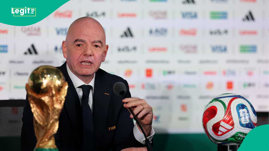 FIFA President Gianni Infantino speaks to the media alongside the FIFA World Cup trophy at Mexico City Stadium. Photo by Carl Recine FIFA President Gianni Infantino speaks to the media alongside the FIFA World Cup trophy at Mexico City Stadium. Photo by Carl Recine