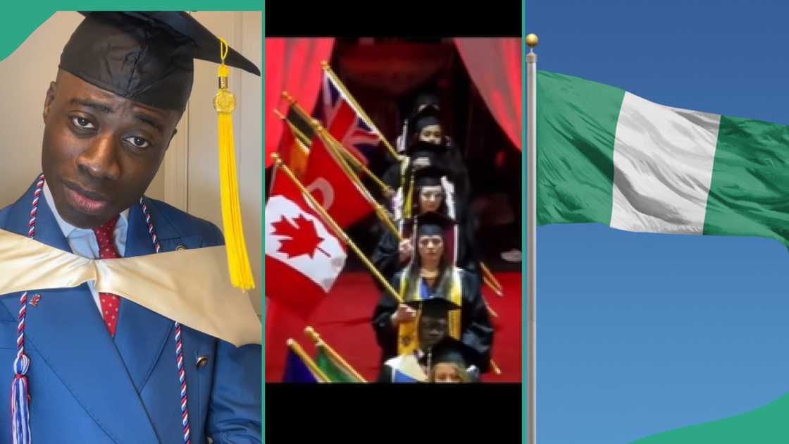 Nigerian man carries Nigerian flag during graduation ceremony.