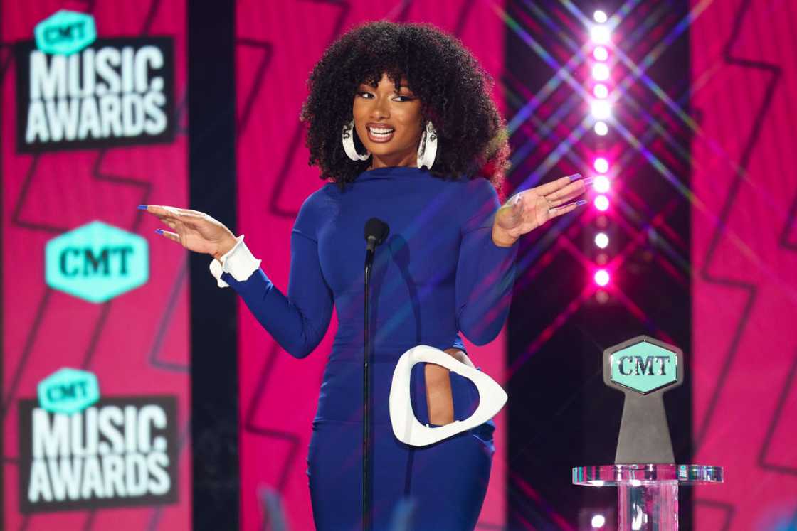 Megan Thee Stallion speaks onstage at the 2023 CMT Music Awards Megan Thee Stallion speaks onstage at the 2023 CMT Music Awards