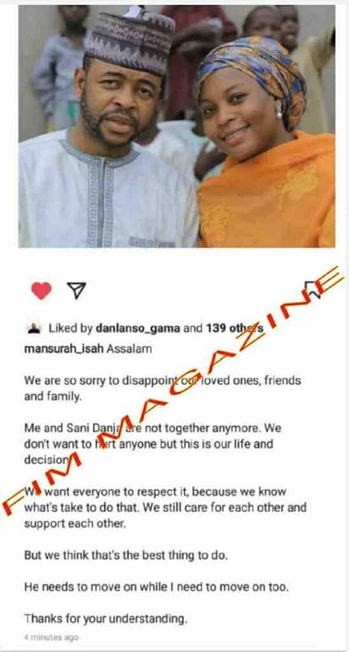 Mansurah Isah ta sanar da rabuwar aurensu da Jarumi Sani Danja Mansurah Isah ta sanar da rabuwar aurensu da Jarumi Sani Danja