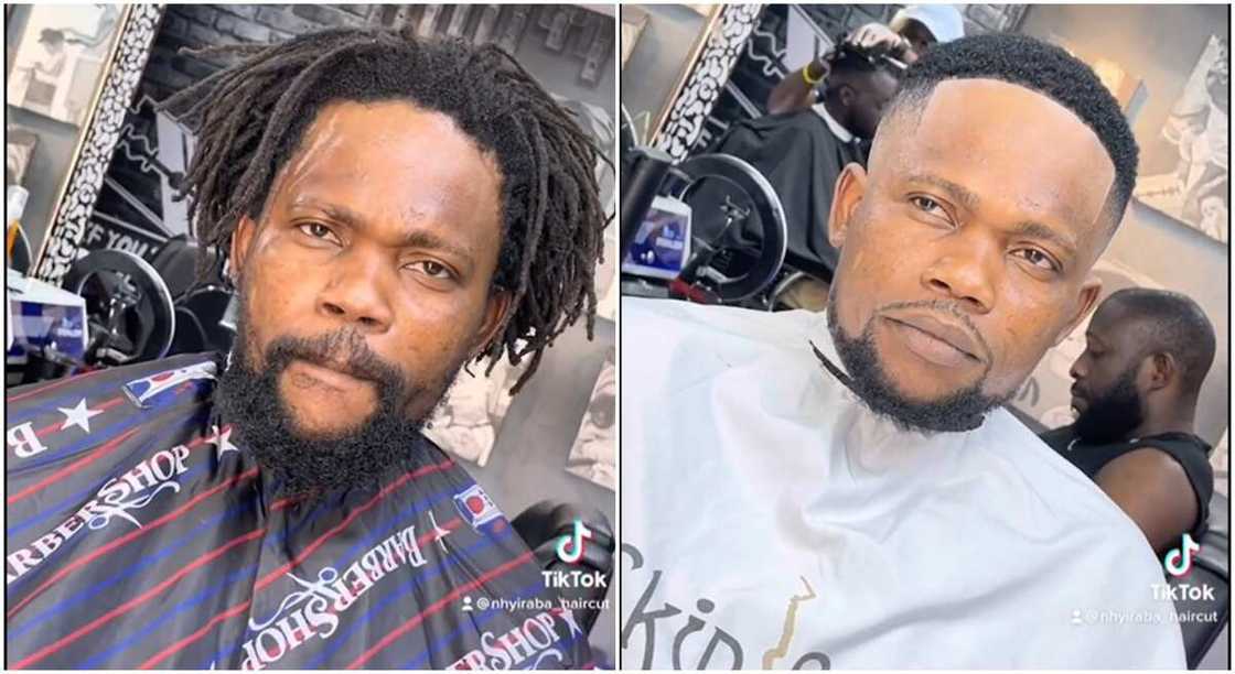 Photos of a man before and after cutting his dreadlocks.