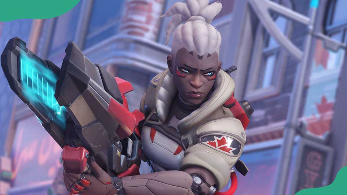 Sombra strikes with futuristic tech prowess. Sombra strikes with futuristic tech prowess.
