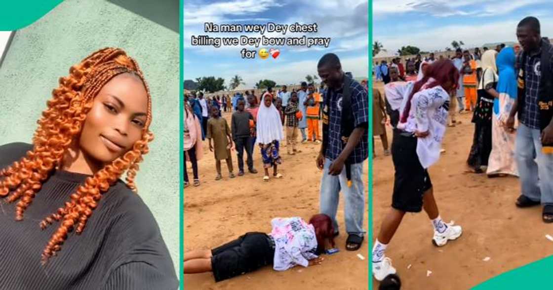 Female graduate prostrates for man who supported her in school.
