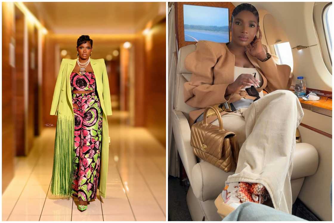 Annie Macaulay-Idibia in colourful attire walks along a corridor (L). 2Baba's wife sits on a seat in a plane (R) Annie Macaulay-Idibia in colourful attire walks along a corridor (L). 2Baba's wife sits on a seat in a plane (R)