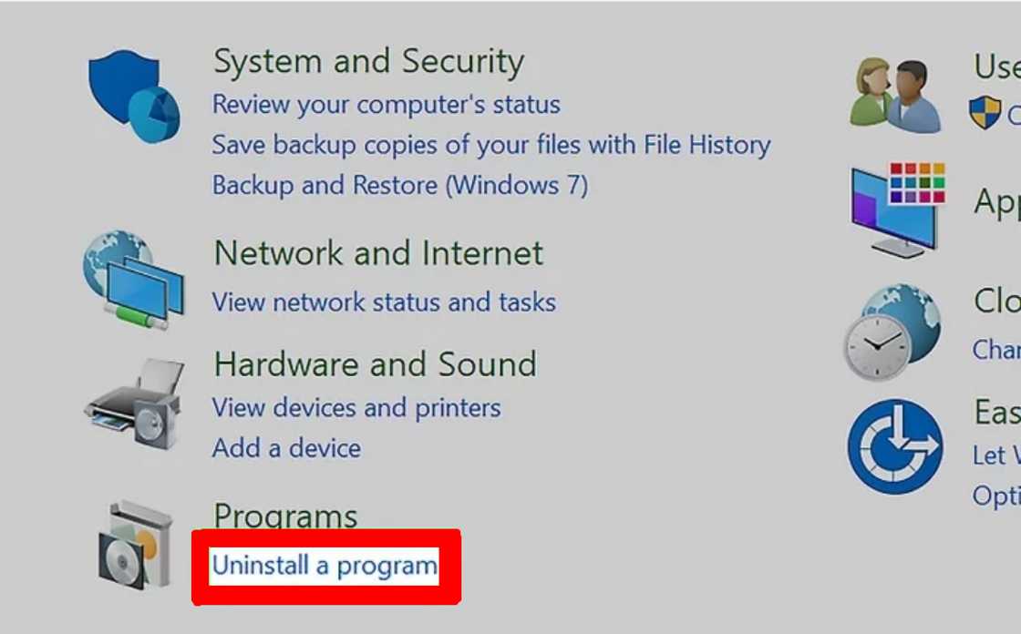 Control Panel highlighting the 'Uninstall a program' option under Programs.