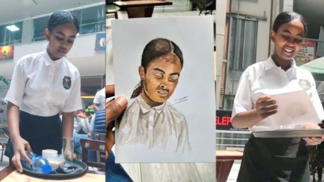 Photo of young beautiful lady smiling at her portrait Photo of young beautiful lady smiling at her portrait