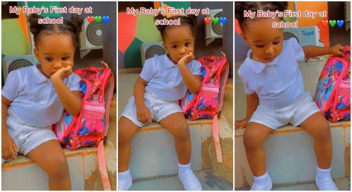 Photos of a tired little girl reacting to stress on her first day of school. Photos of a tired little girl reacting to stress on her first day of school.