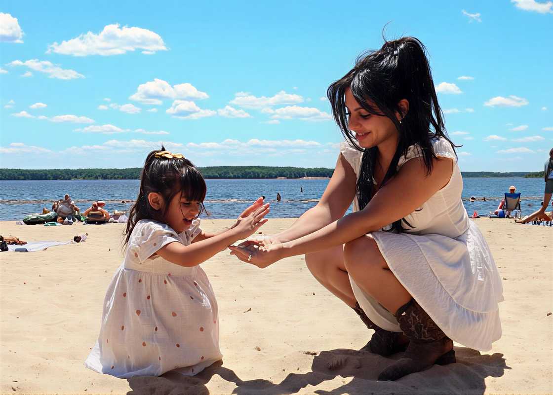 Huda Love Island with her daughter Arleigh playing on the beach