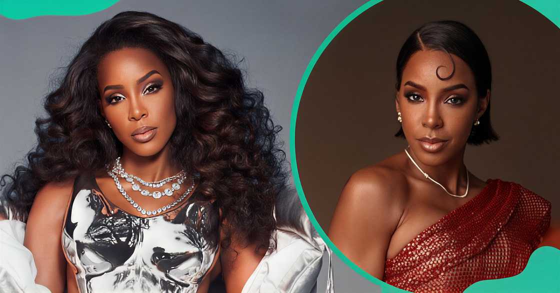 Kelly Rowland poses in a silver outfit. The singer poses in an orange chocolate gown