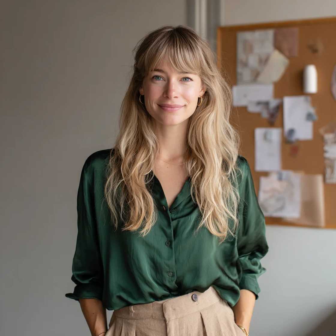A smiling woman wearing a silk blouse A smiling woman wearing a silk blouse
