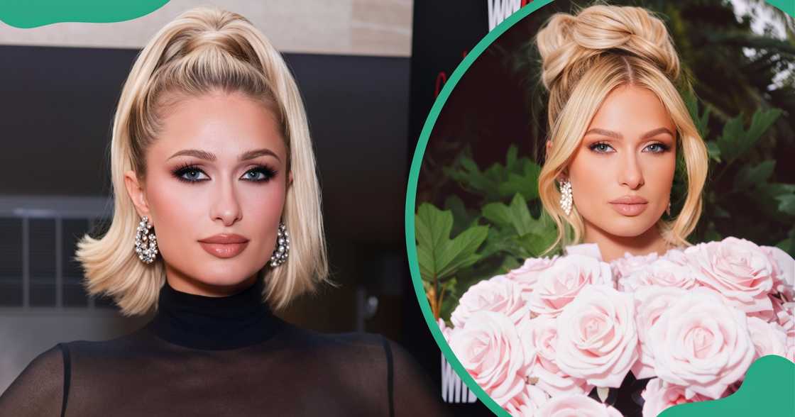 Paris Hilton poses on the red carpet of the WWD Style Awards and during Mother's Day