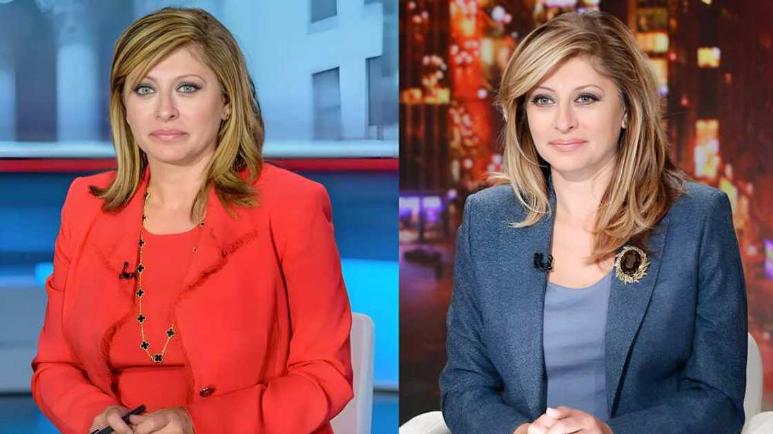 Maria Bartiromo in red and blue official attire