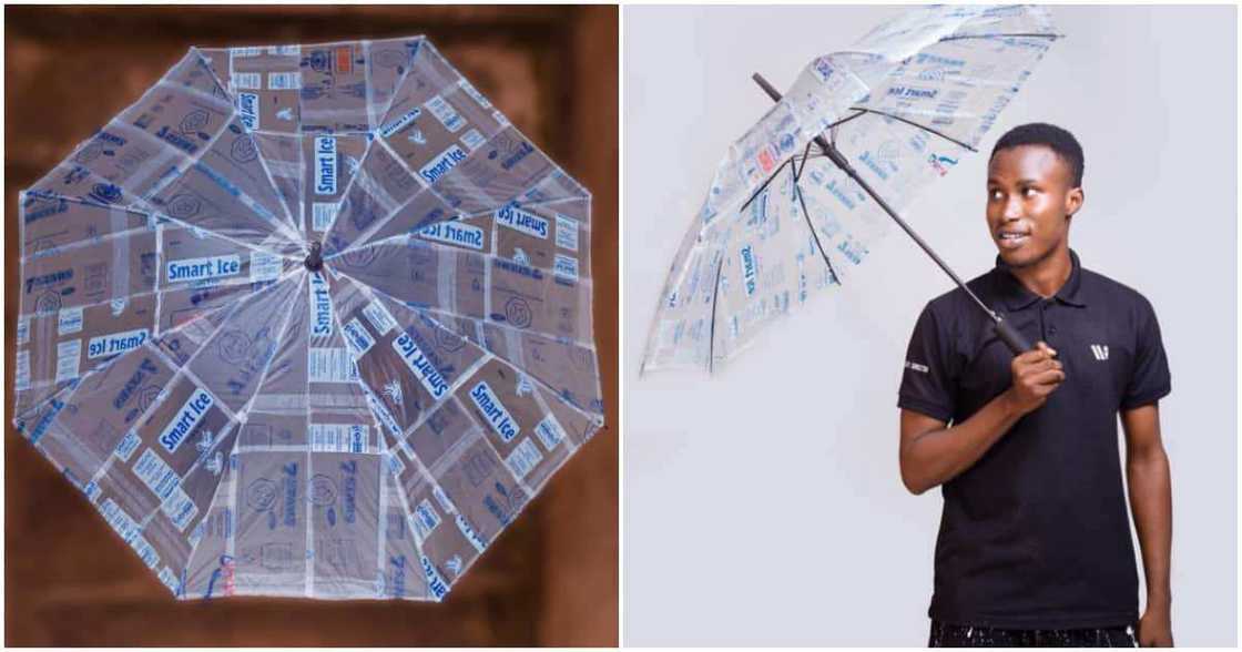 Creative in Ghana designs umbrella from water sachets Creative in Ghana designs umbrella from water sachets