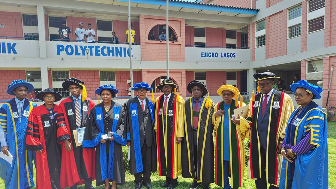 Members of Ronik Polytechnic's teaching faculty pose in front of the school's building in academical dress.