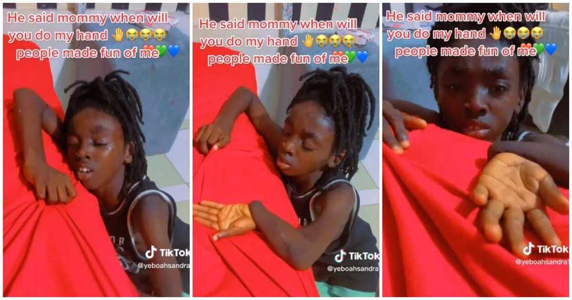 Boy with flappy hand, boy cries out to mum, people made fun of him Boy with flappy hand, boy cries out to mum, people made fun of him