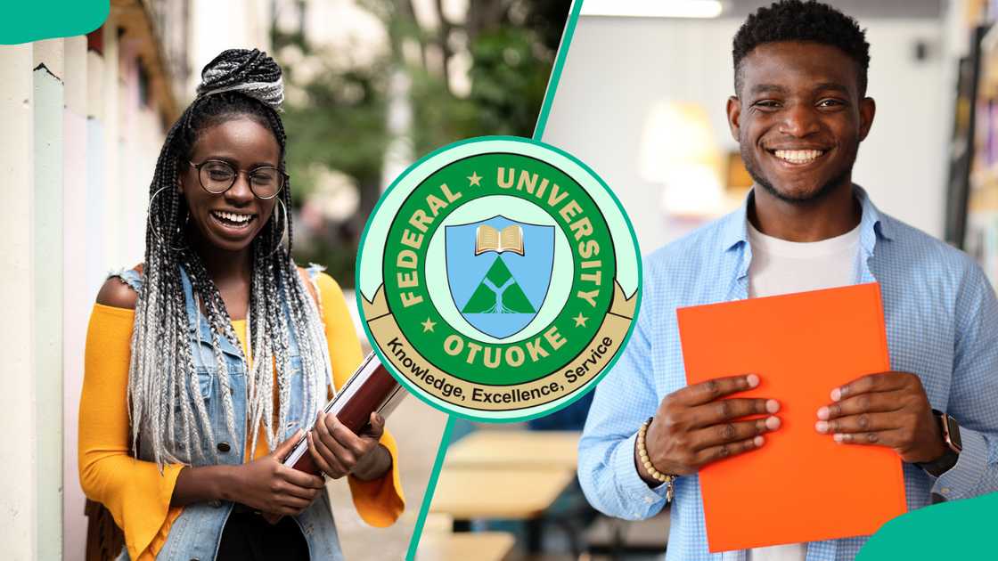 A female student holding a book(R), FUOTUOKE school logo (C) and a happy male student holding an orange book (R)