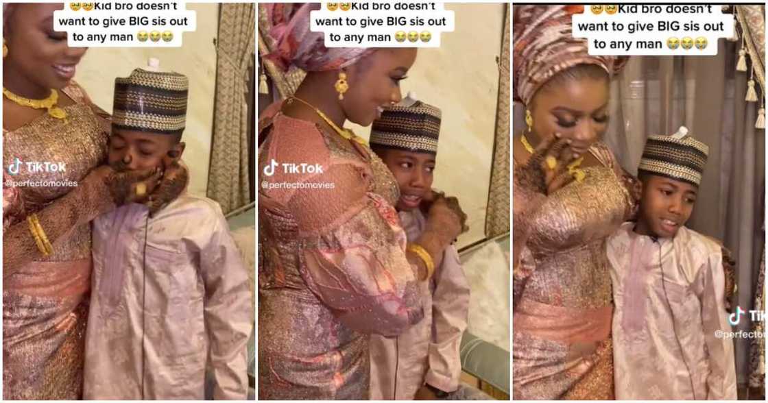 Kid brother, little boy cries as leder sister marries