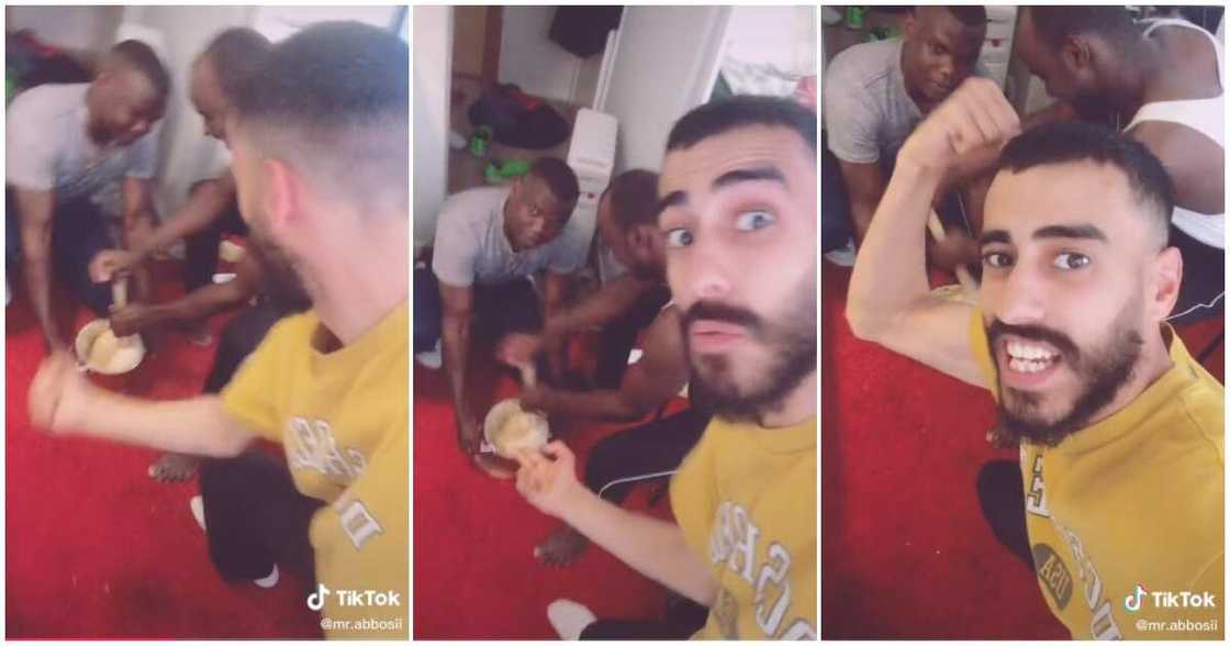 Two black man pounding fufu, men pounding fufu, Oyinbo man sees fufu Two black man pounding fufu, men pounding fufu, Oyinbo man sees fufu