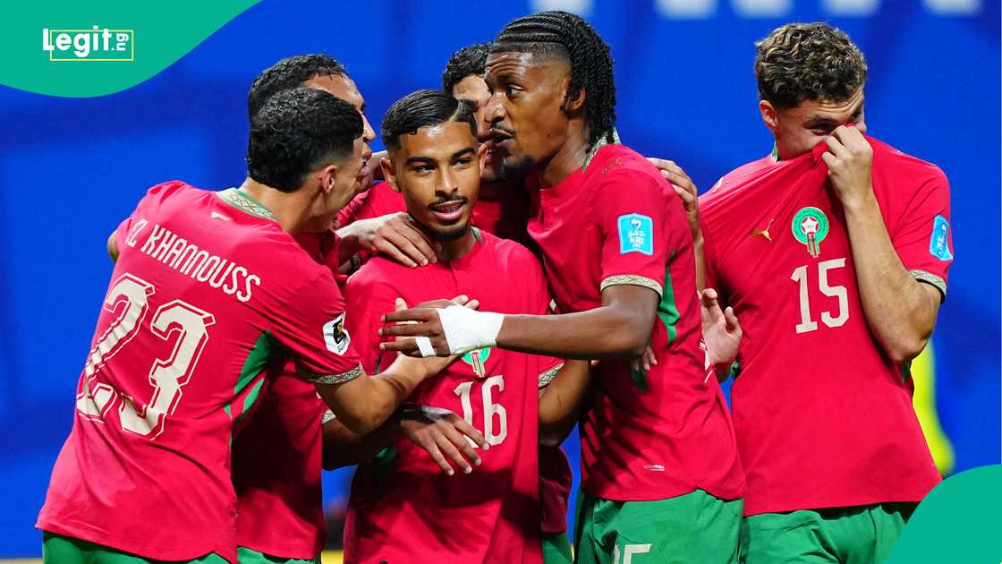 Gassime Yassine of Morocco celebrates with teammates after scoring against Haiti. Photo by Evrim Aydin