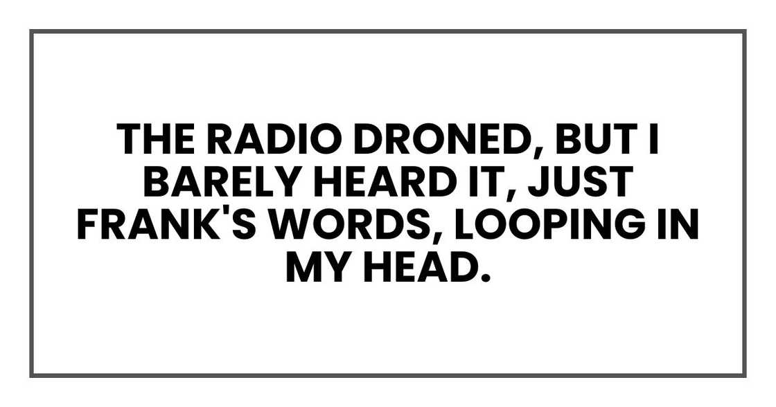 The radio droned, but I barely heard it, just Frank's words, looping in my head. The radio droned, but I barely heard it, just Frank's words, looping in my head.