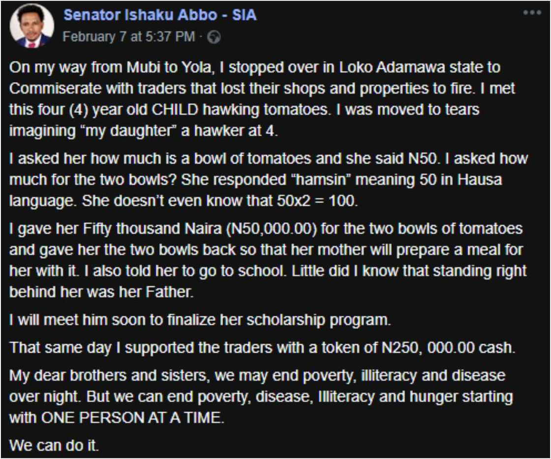 Sanata Elisha Abbo ya siyi timatirin N100 kan N50k a hannun yar shekara 4 da ke talla a Adamawa