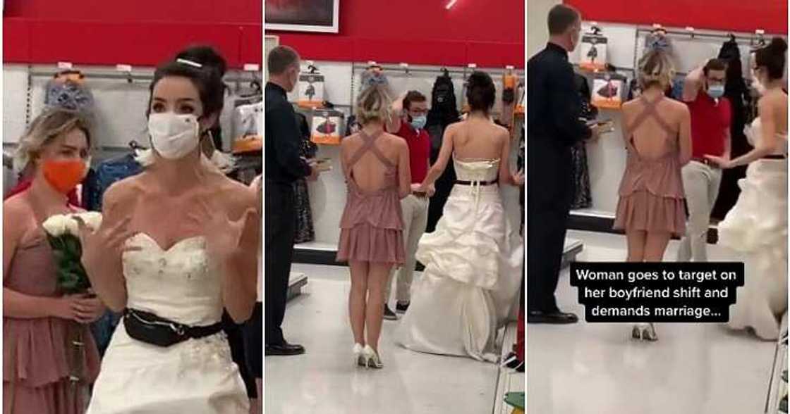 Lady demands marriage, boyfriend's workplace, wedding gown Lady demands marriage, boyfriend's workplace, wedding gown