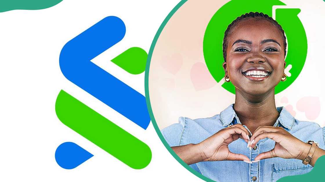 Standard Chartered Bank logo. A happy smiling woman showing the sign of love