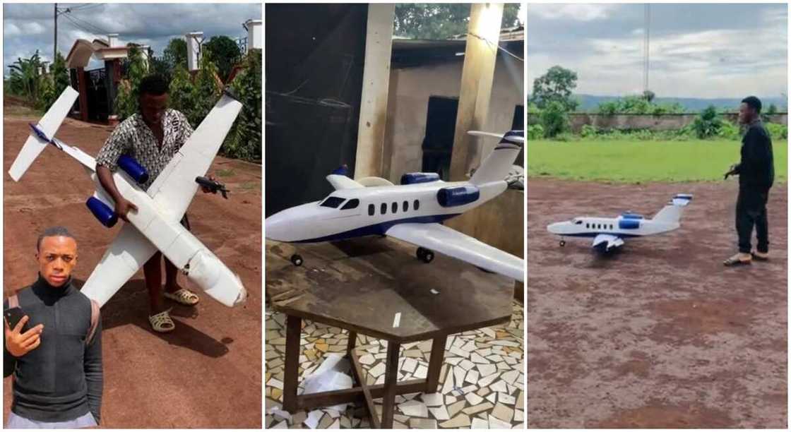 Photos of a boy from Cameroon and the aeroplane he constructed. Photos of a boy from Cameroon and the aeroplane he constructed.