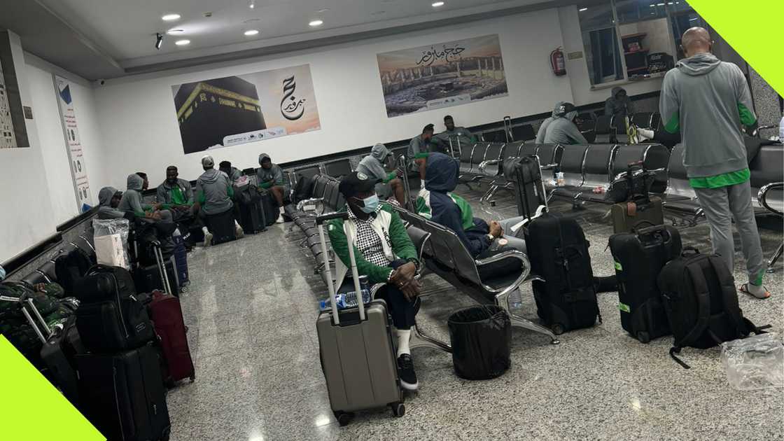 Super Eagles players and staff at Al Abraq International Airport in Libya.