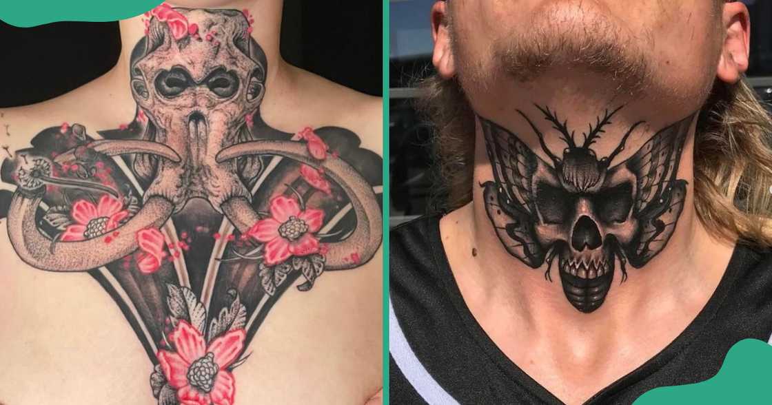 A mammoth skull (L) and moth skull (R) tattoo on the throat A mammoth skull (L) and moth skull (R) tattoo on the throat