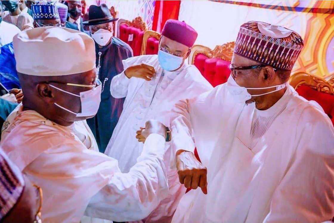 Video Shows Buhari, Atiku "Exchanging Banters" at President's Son's Wedding