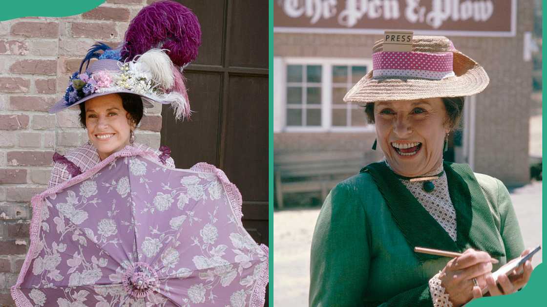 Scottie MacGregor holding a flowery purple umbrella (L). Scottie MacGregor as Harriet Oleson of Little House on the Prairie, posing for a photo, smiling (R) Scottie MacGregor holding a flowery purple umbrella (L). Scottie MacGregor as Harriet Oleson of Little House on the Prairie, posing for a photo, smiling (R)