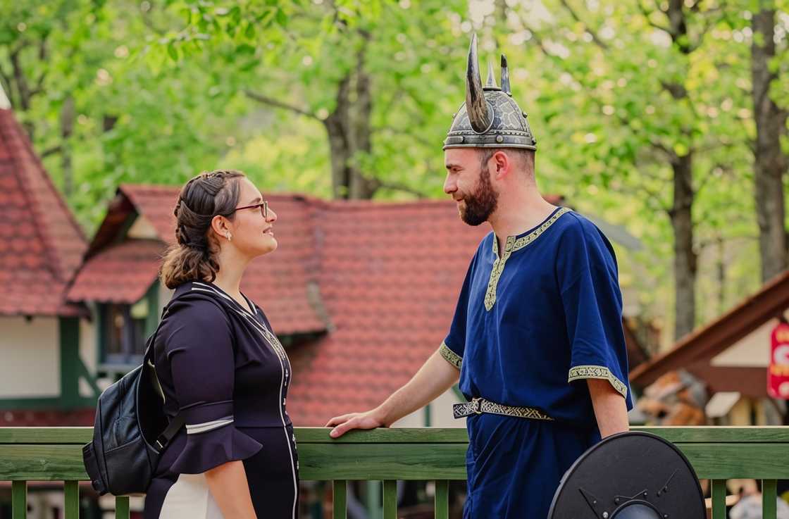 Georgie Harris and Connor Tomlinson speak in a scene
