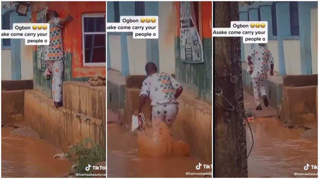 Man trying to avoid a puddle/bad roads in Nigeria. Man trying to avoid a puddle/bad roads in Nigeria.