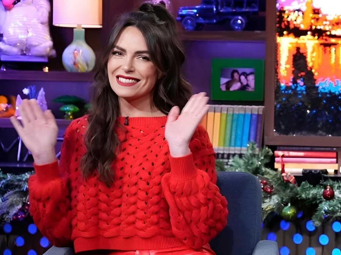 Katie Maloney gestures while filming for Watch What Happens Live with Andy Cohen