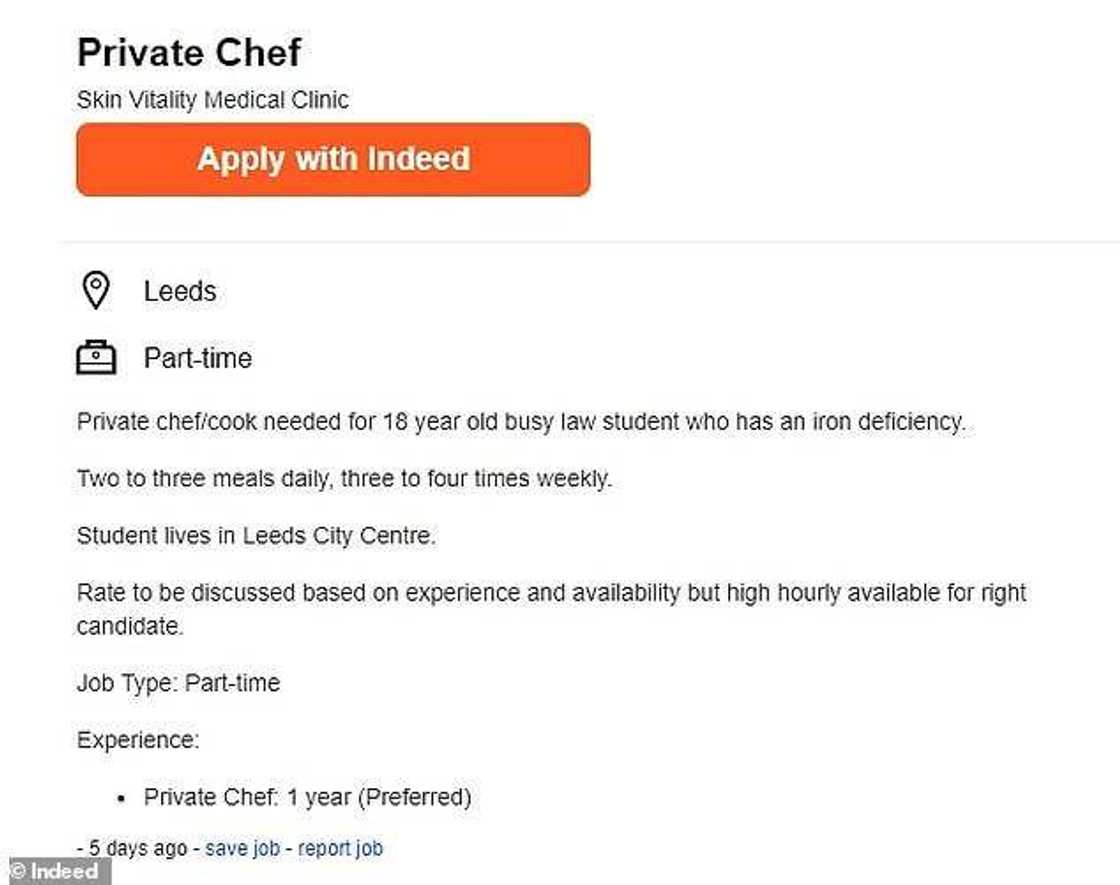 Parents advertise chef, nanny vacancies for their 18-year-old daughter studying law Parents advertise chef, nanny vacancies for their 18-year-old daughter studying law