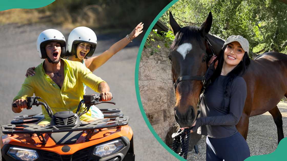 Leah and Miguel riding an orange all-terrain vehicle (L). The reality TV personality standing next to a brown horse (R)
