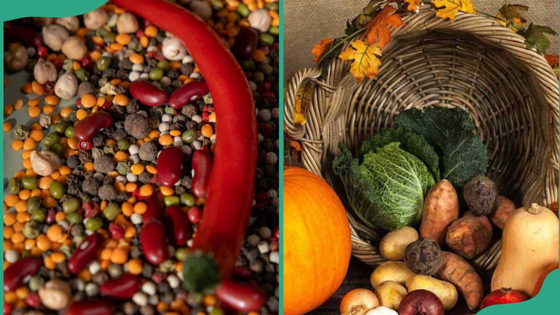 Various legume seeds on a table and vegetable and fruits in a basket