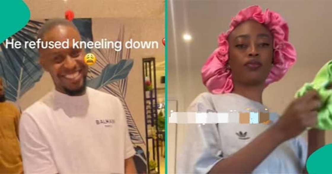 Lady shares her engagement video showing how her man refused to kneel while proposing to her. Lady shares her engagement video showing how her man refused to kneel while proposing to her.
