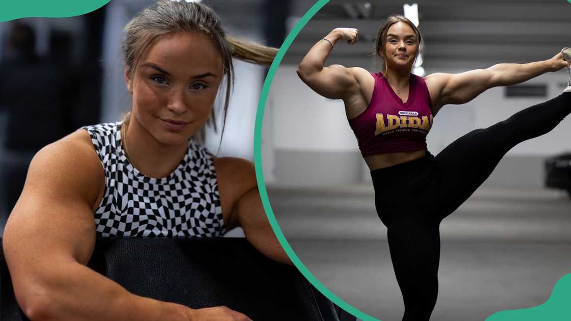 Melinda Lindmark flexing her arm muscles at the gym (L) and training during a workout session (R). Melinda Lindmark flexing her arm muscles at the gym (L) and training during a workout session (R).