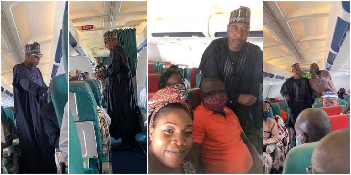 Zulum ya zauna a sashen talakawa na jirkin sama, ya dauki hoto da jama'a Zulum ya zauna a sashen talakawa na jirkin sama, ya dauki hoto da jama'a