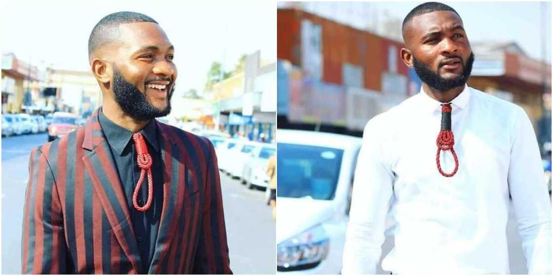 Man putting on a rope-like tie Man putting on a rope-like tie