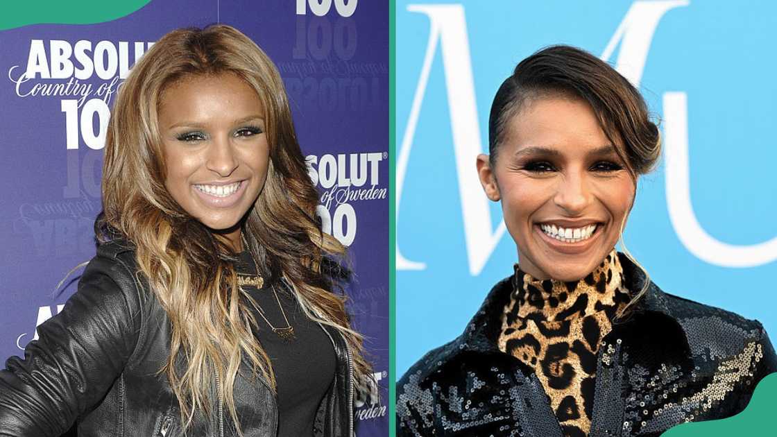 Melody Thornton smiles as she poses for a photo in a black ensemble (L), and in an animal print top and a black jacket (R) Melody Thornton smiles as she poses for a photo in a black ensemble (L), and in an animal print top and a black jacket (R)