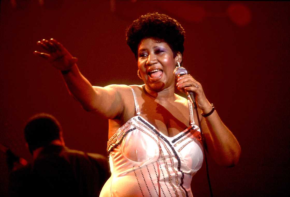 American instrumentalist  Aretha Franklin performs connected  signifier    astatine  the Park West Auditorium, Chicago, Illinois