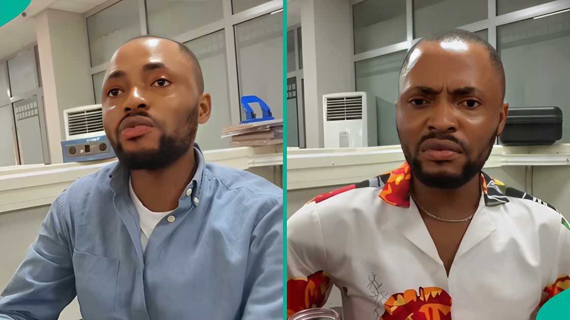 A banker reacts to the narrations he saw from customers transferring money. A banker reacts to the narrations he saw from customers transferring money.